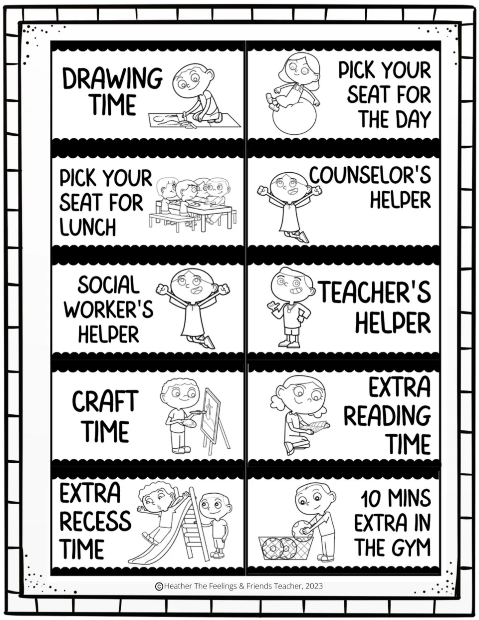 Reward coupons 1–10 include drawing time, seat choices, helper roles, craft time, reading, recess, and gym