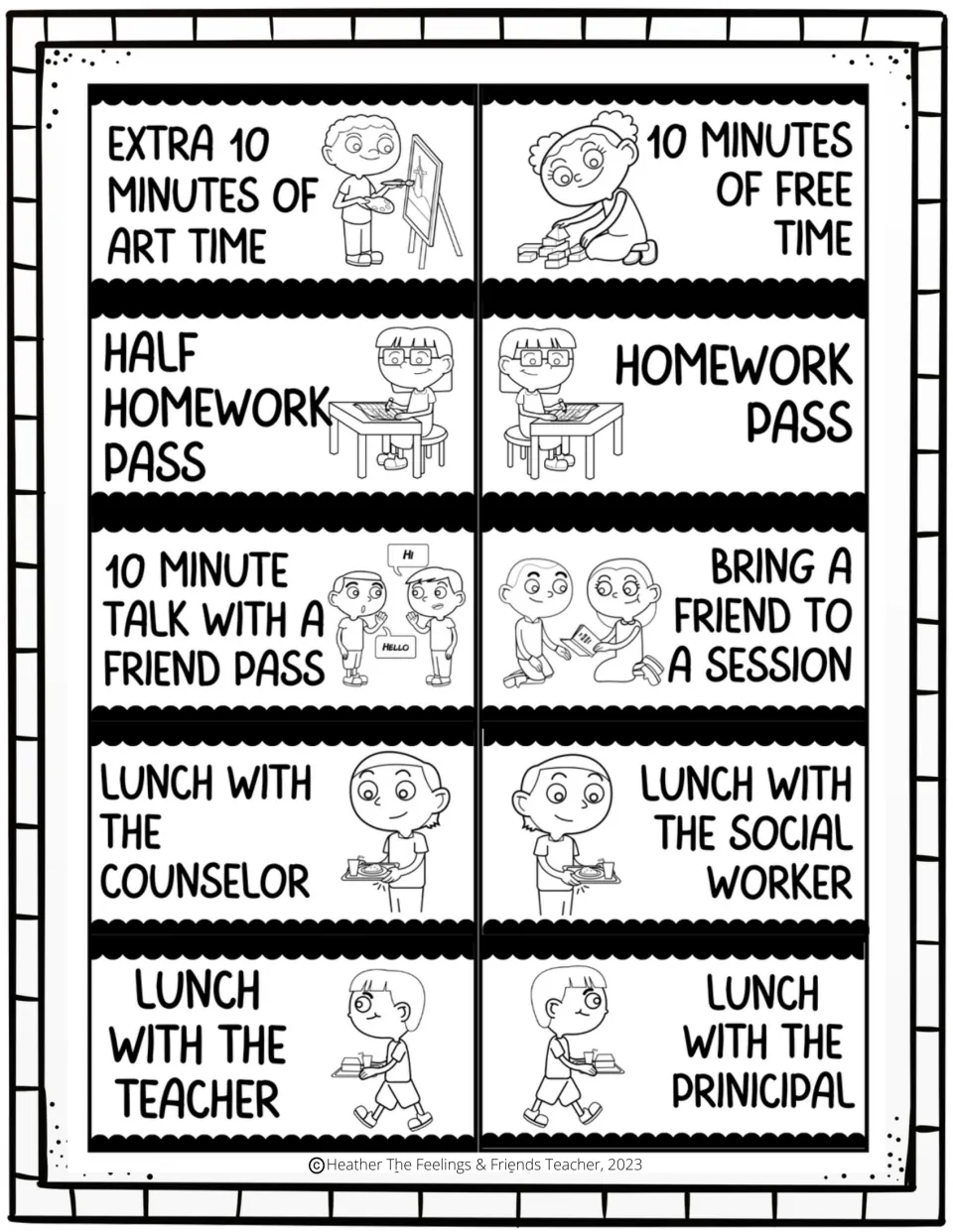 Reward coupons 11–20 include art time, free time, homework passes, friend time, and lunches with staff