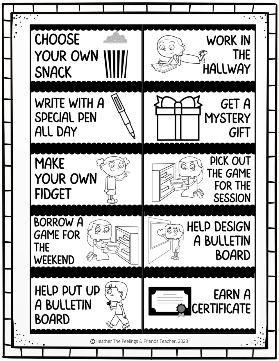 Reward coupons 21–30 include snack choice, a special pen, a mystery gift, bulletin board help, and a certificate