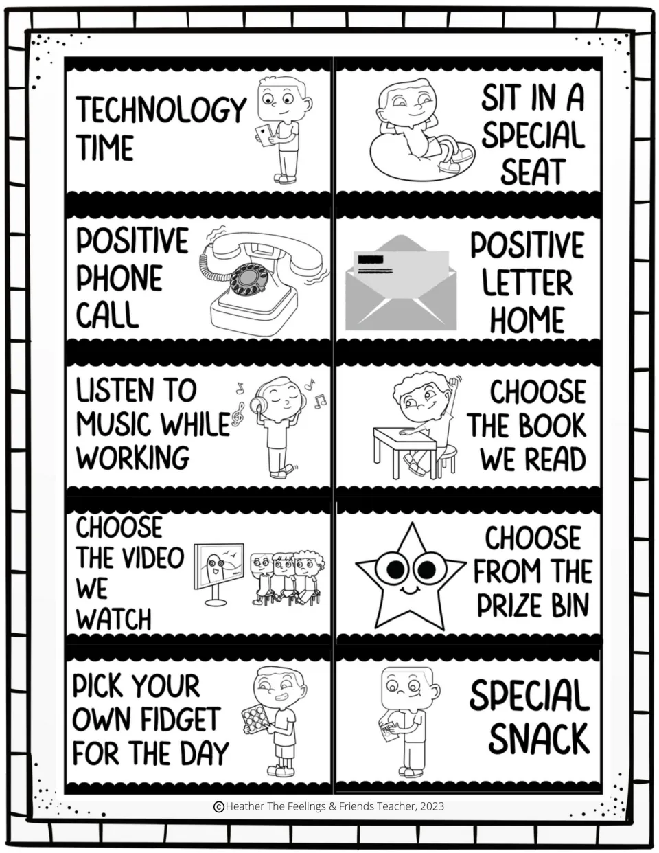 Reward coupons 31–40 include technology time, a special seat, positive contact home, music, and prize choices