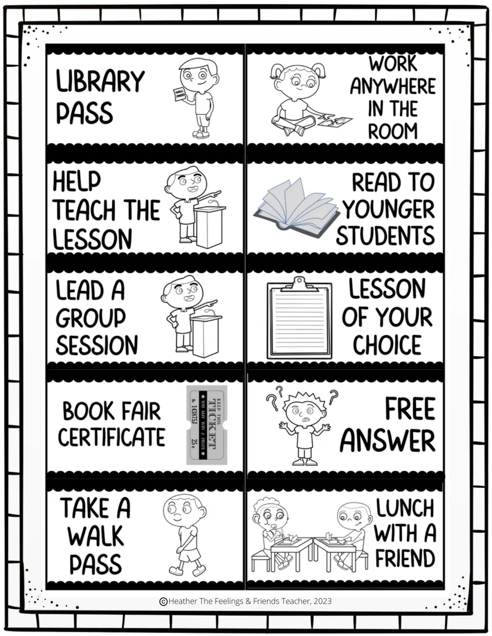 Reward coupons 41–50 include a library pass, teaching roles, a book fair certificate, and lunch with a friend