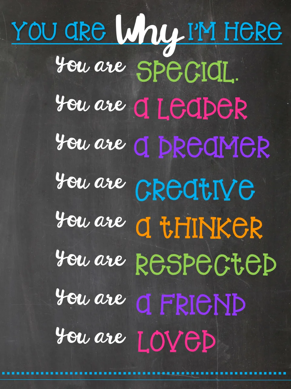 "You are why I'm here" affirmations: special, a leader, a dreamer, creative, a thinker, respected, a friend and loved