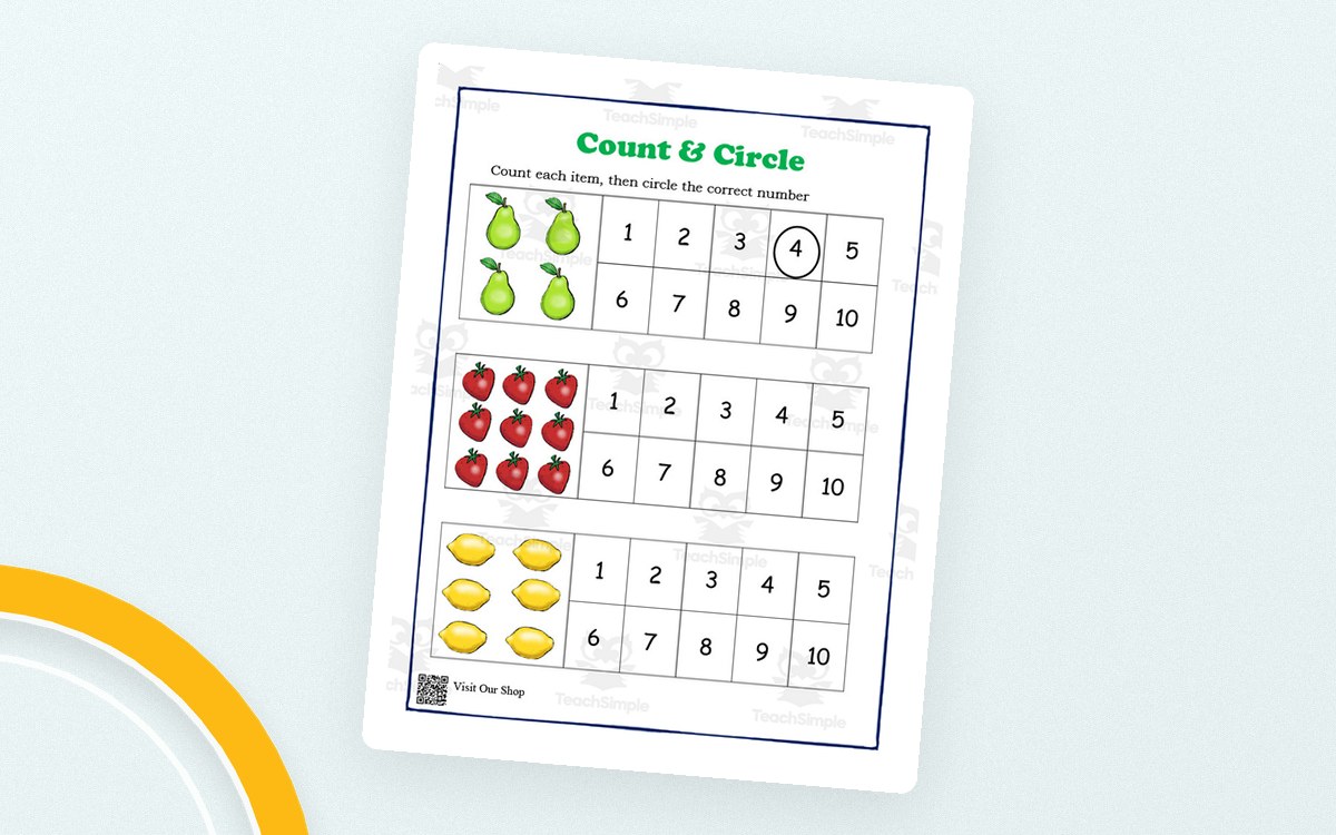 Count and Circle worksheet cover with groups of fruit and classroom objects