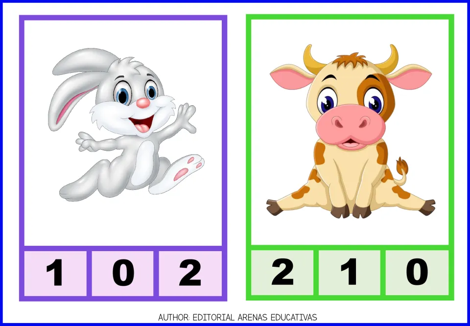 Count-and-clip cards 1–2: one rabbit with numeral choices 1, 0, 2 and one cow with numeral choices 2, 1, 0.