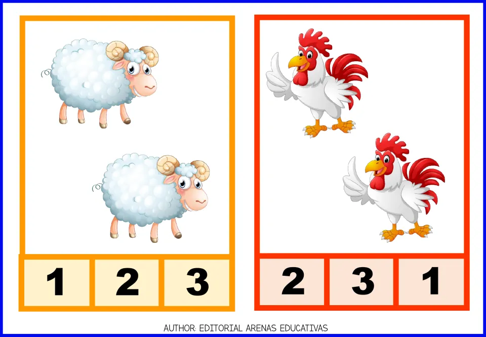 Count-and-clip cards 3–4: two sheep with numeral choices 1, 2, 3 and two roosters with choices 2, 3, 1.