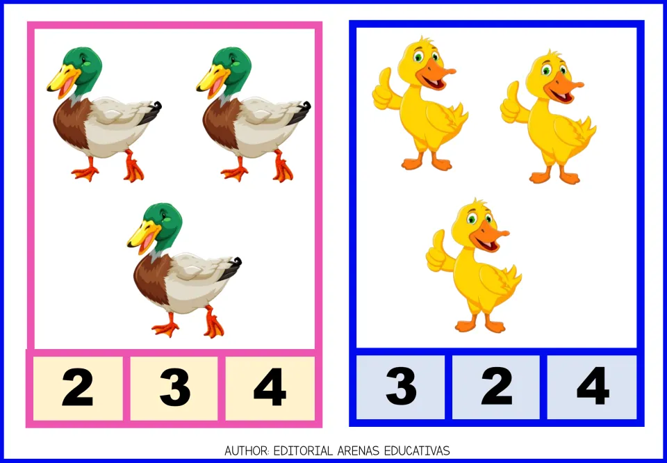 Count-and-clip cards 5–6: three mallard ducks with choices 2, 3, 4 and three yellow ducks with choices 3, 2, 4.