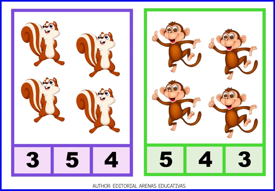 Count-and-clip cards 7–8: four squirrels with numeral choices 3, 5, 4 and four monkeys with choices 5, 4, 3.