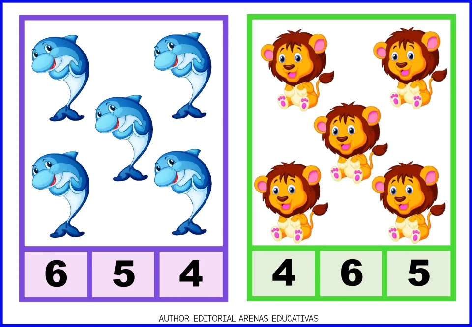 Count-and-clip cards 9–10: five dolphins with numeral choices 6, 5, 4 and five lions with choices 4, 6, 5.