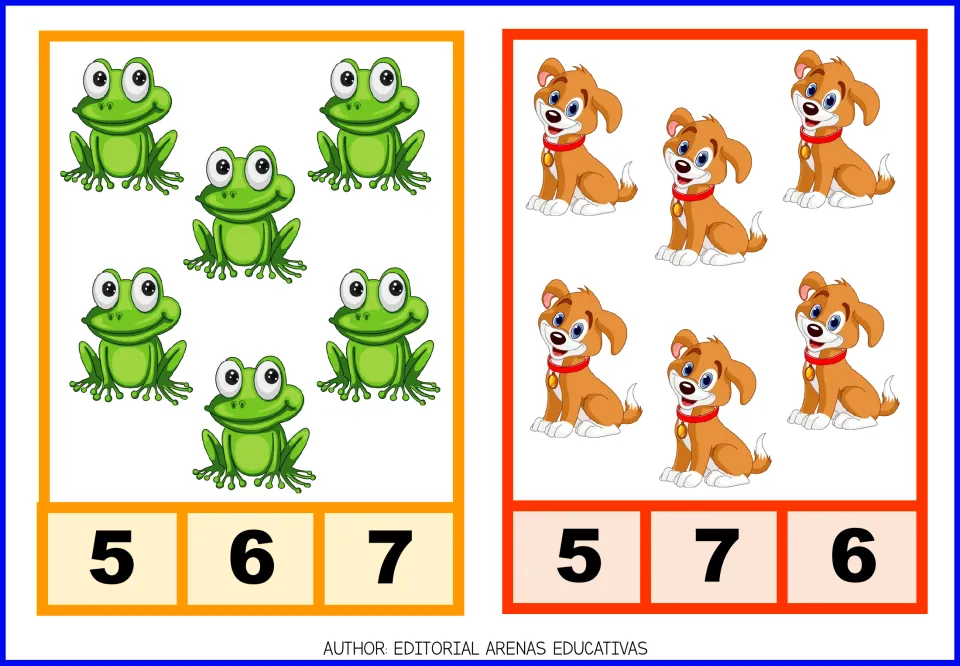 Count-and-clip cards 11–12: six frogs with numeral choices 5, 6, 7 and six dogs with choices 5, 7, 6.