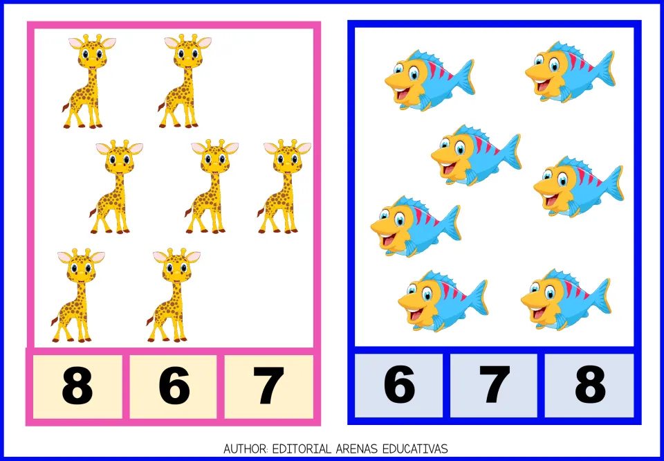 Count-and-clip cards 13–14: seven giraffes with numeral choices 8, 6, 7 and seven fish with choices 6, 7, 8.
