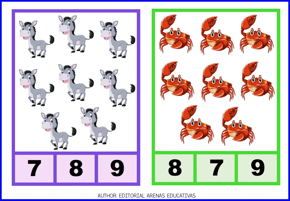 Count-and-clip cards 15–16: eight donkeys with numeral choices 7, 8, 9 and eight crabs with choices 8, 7, 9.