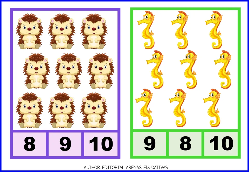 Count-and-clip cards 17–18: nine hedgehogs with choices 8, 9, 10 and nine seahorses with choices 9, 8, 10.