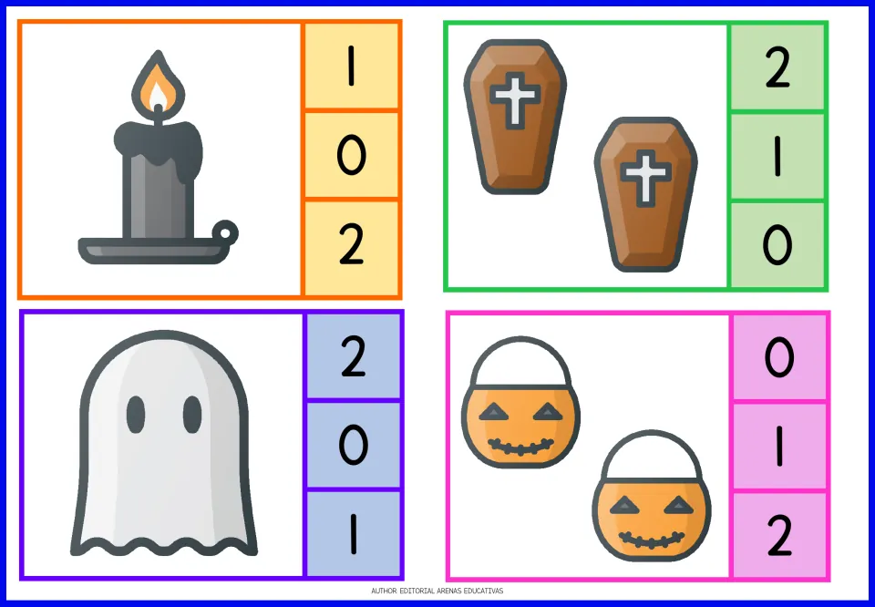Counting cards 1–4: one candle, two coffins, one ghost, and two pumpkin buckets, each with number choices