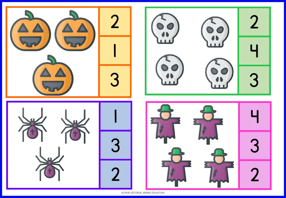 Counting cards 5–8: three pumpkins, four skulls, three spiders, and four scarecrows, with number choices