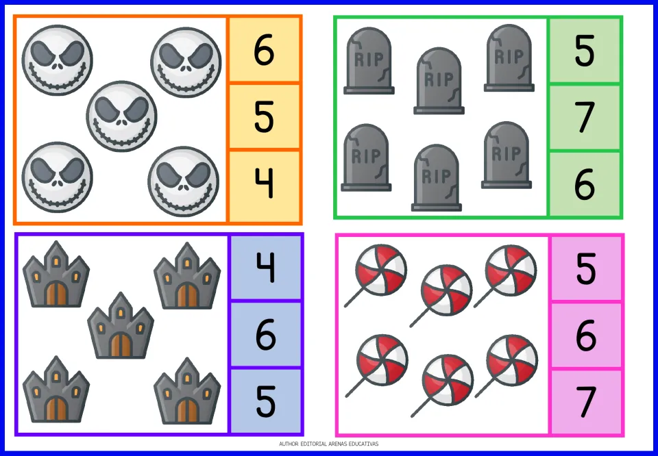 Counting cards 9–12: five skeleton faces, six tombstones, five haunted houses, and six lollipops
