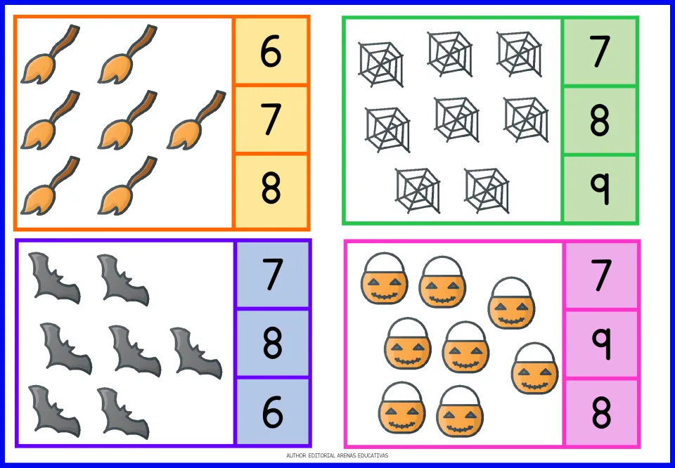 Counting cards 13–16: seven brooms, eight spiderwebs, seven bats, and eight pumpkin buckets