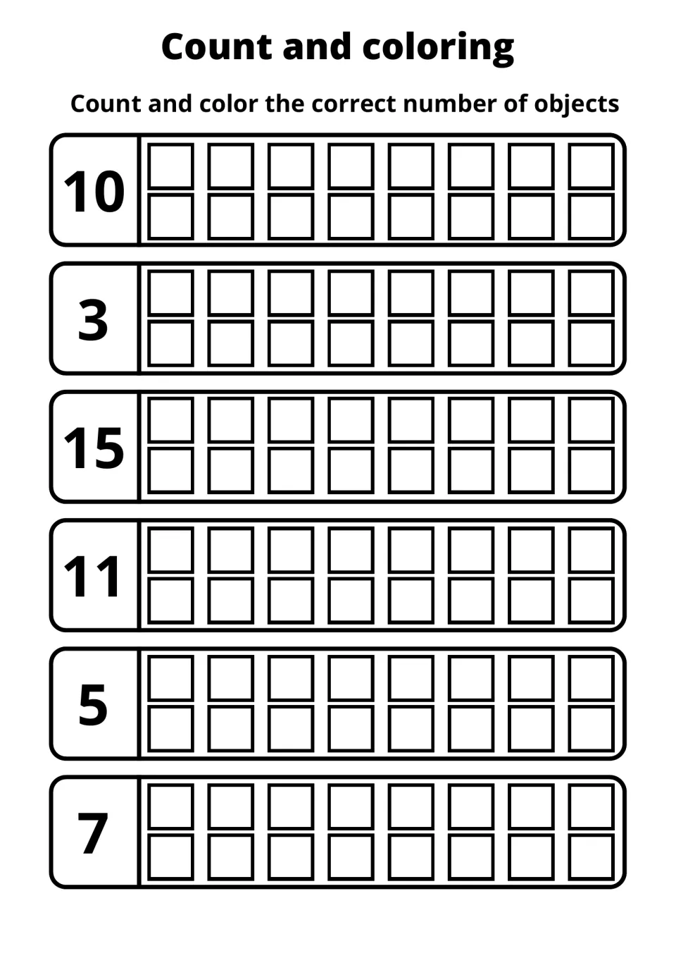 Count and color numbers to 20: students shade 10, 3, 15, 11, 5 and 7 squares in six 16-square frames to match each numeral