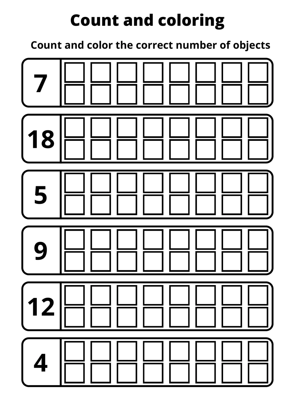 Counting practice: students color 7, 18, 5, 9, 12 and 4 squares in rows of 16 to show each printed number