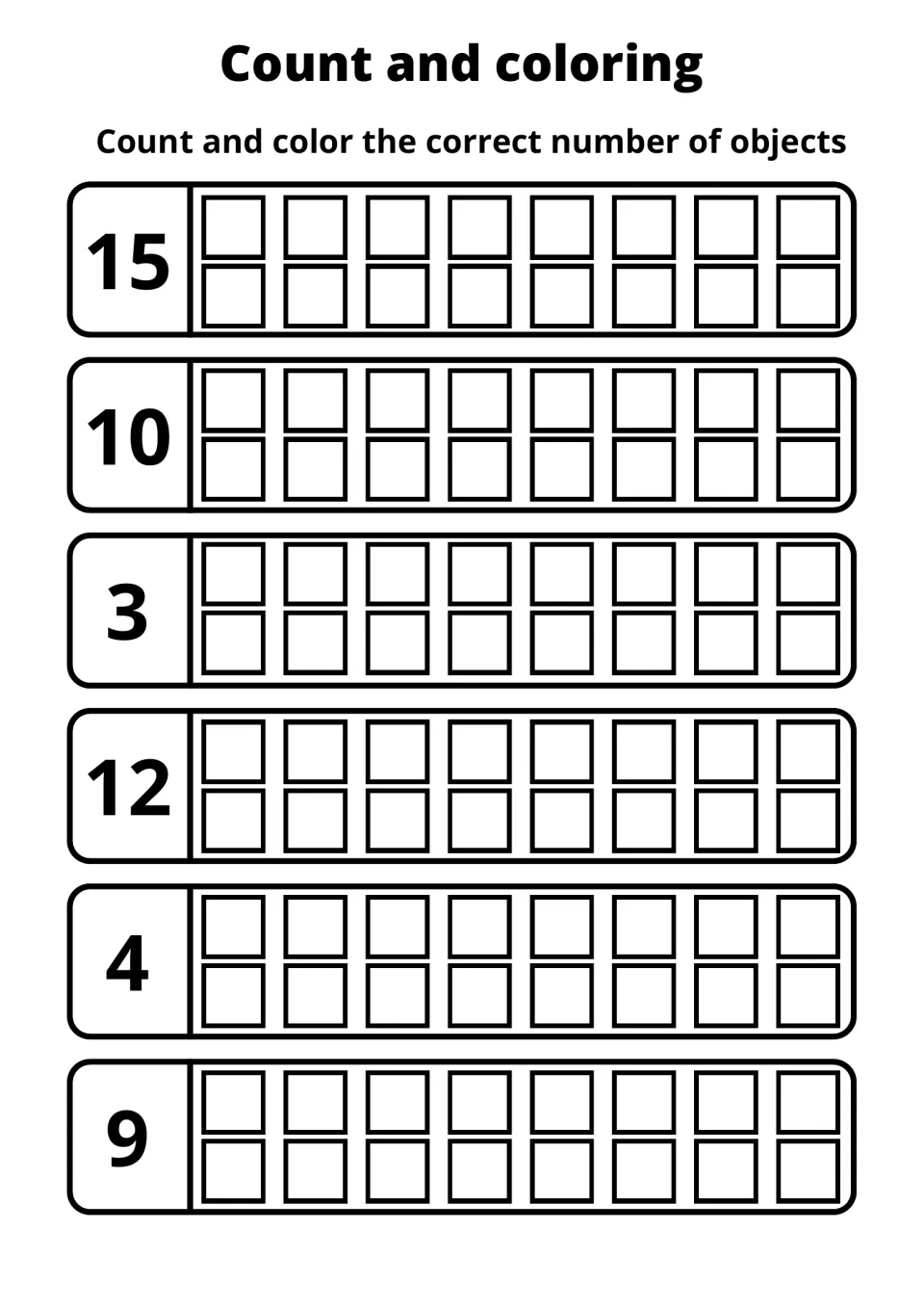 Number-to-quantity matching: students color 15, 10, 3, 12, 4 and 9 squares in six rows of 16 squares to show each amount