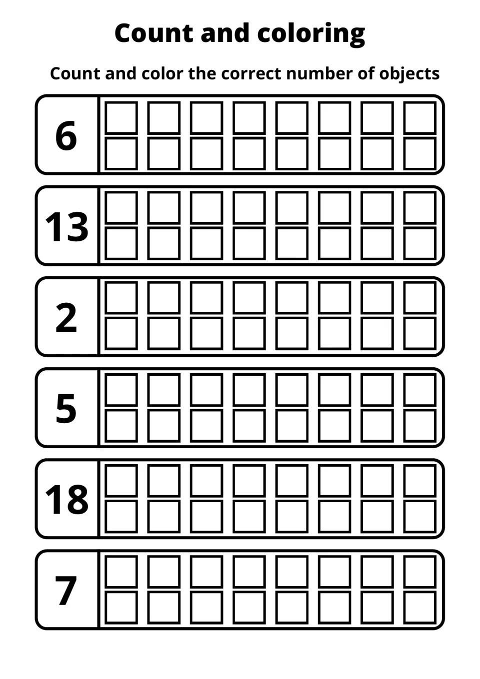 Building quantities to 18: students shade 6, 13, 2, 5, 18 and 7 squares in six 16-square frames to match each given number