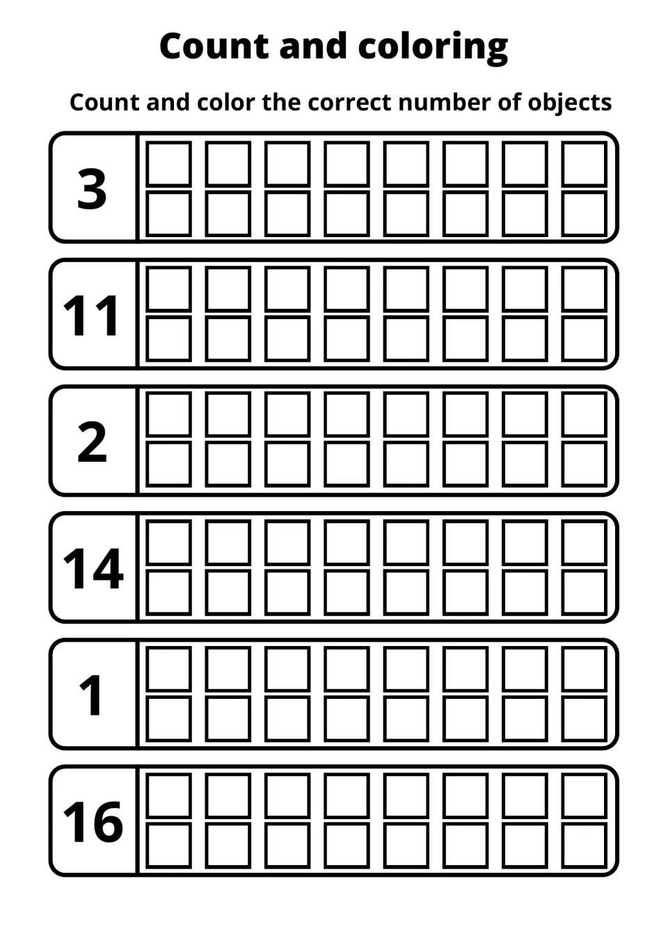 Count and color from 1 to 16: students fill in 3, 11, 2, 14, 1 and 16 squares, one row per numeral, to represent each amount