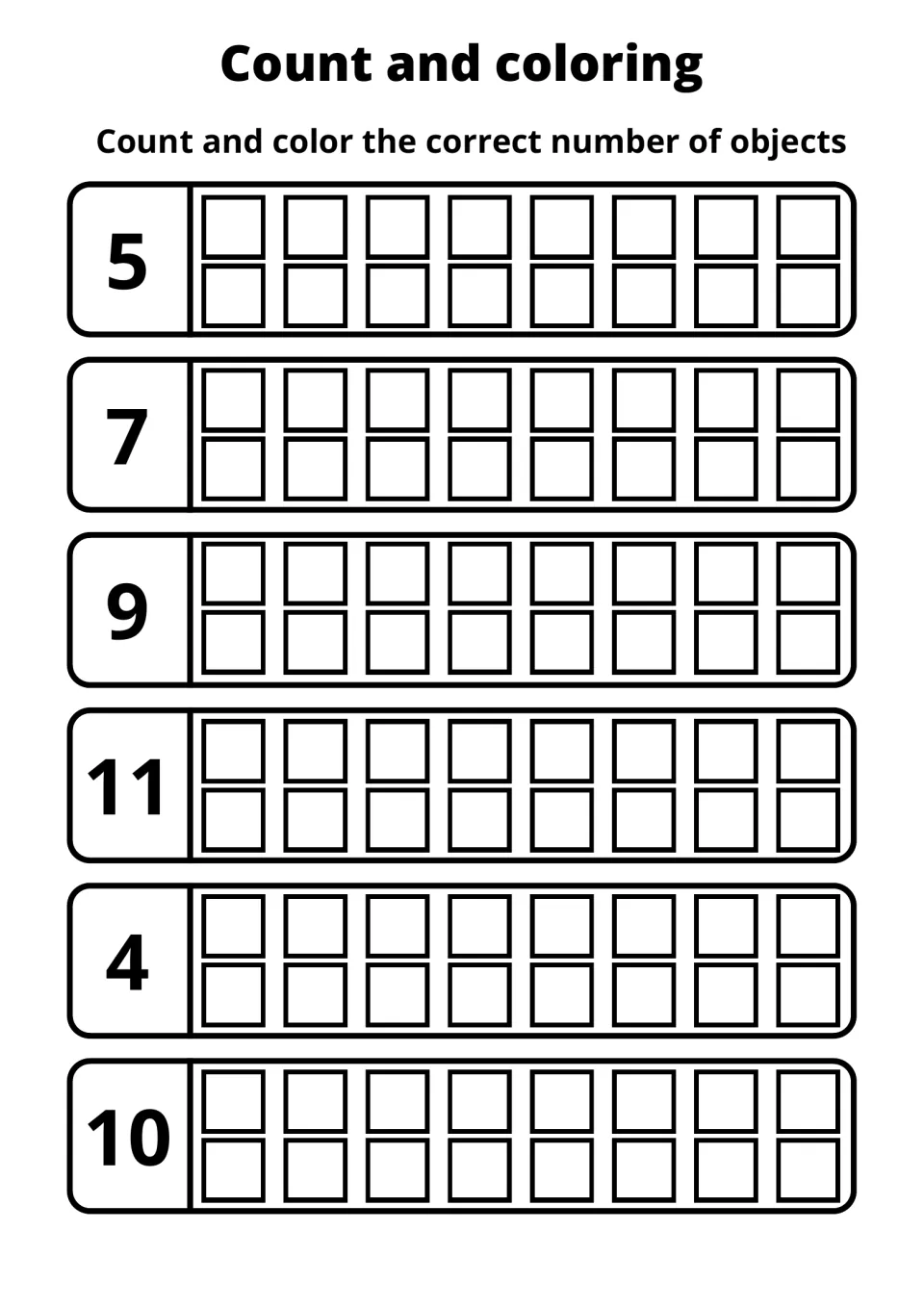 Representing numbers: students color 5, 7, 9, 11, 4 and 10 squares in six rows of 16 to show each numeral as a set of squares
