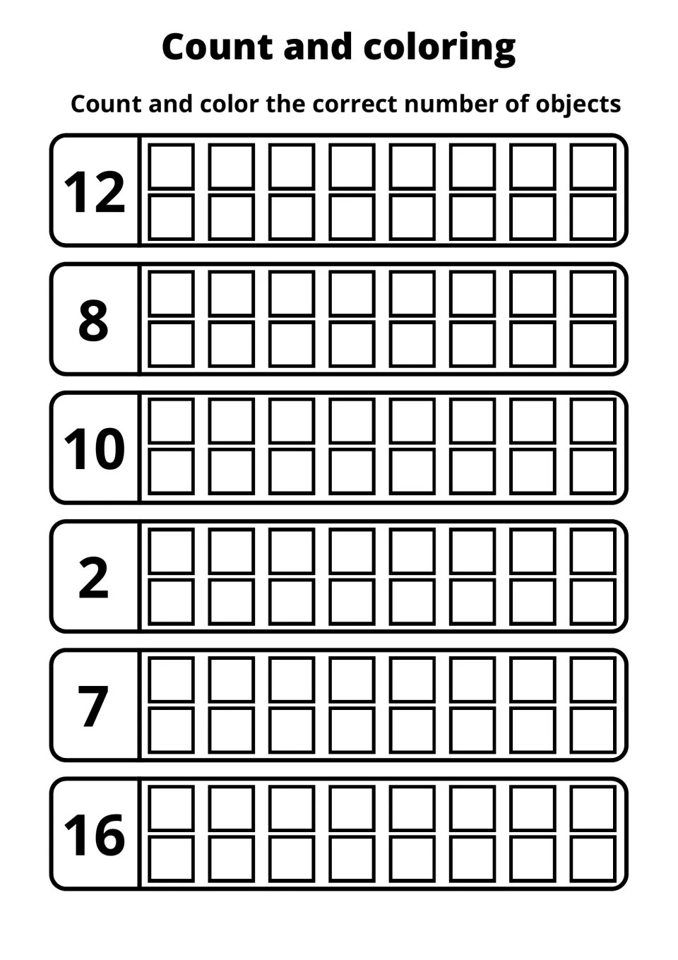 One-to-one counting: students shade 12, 8, 10, 2, 7 and 16 squares in six 16-square frames, stopping at the number shown