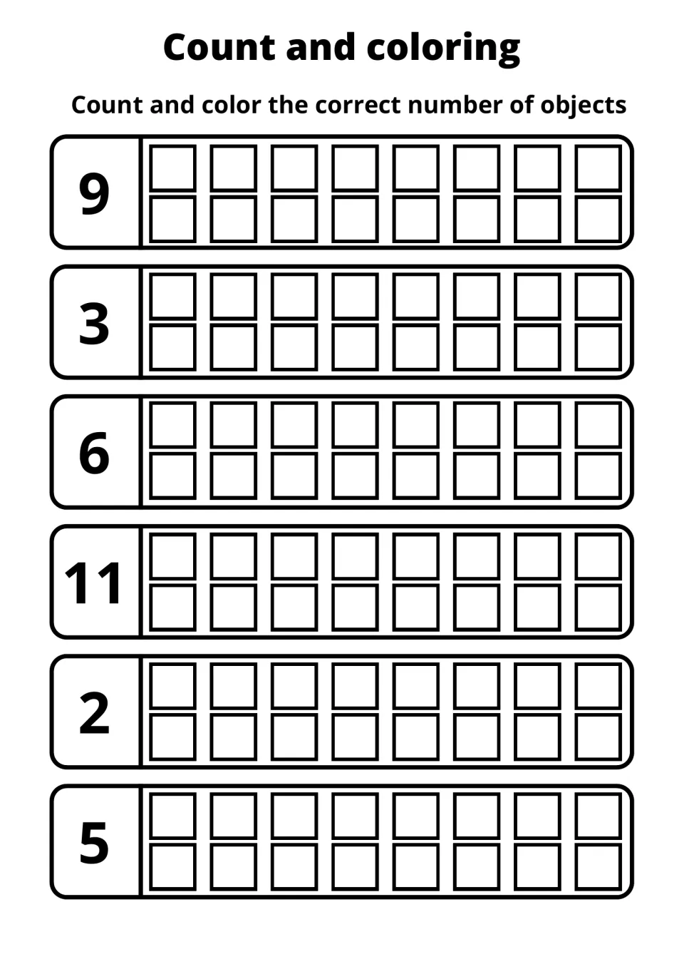 Counting sets to 11: students color 9, 3, 6, 11, 2 and 5 squares in six rows of 16 squares to match the numeral beside each
