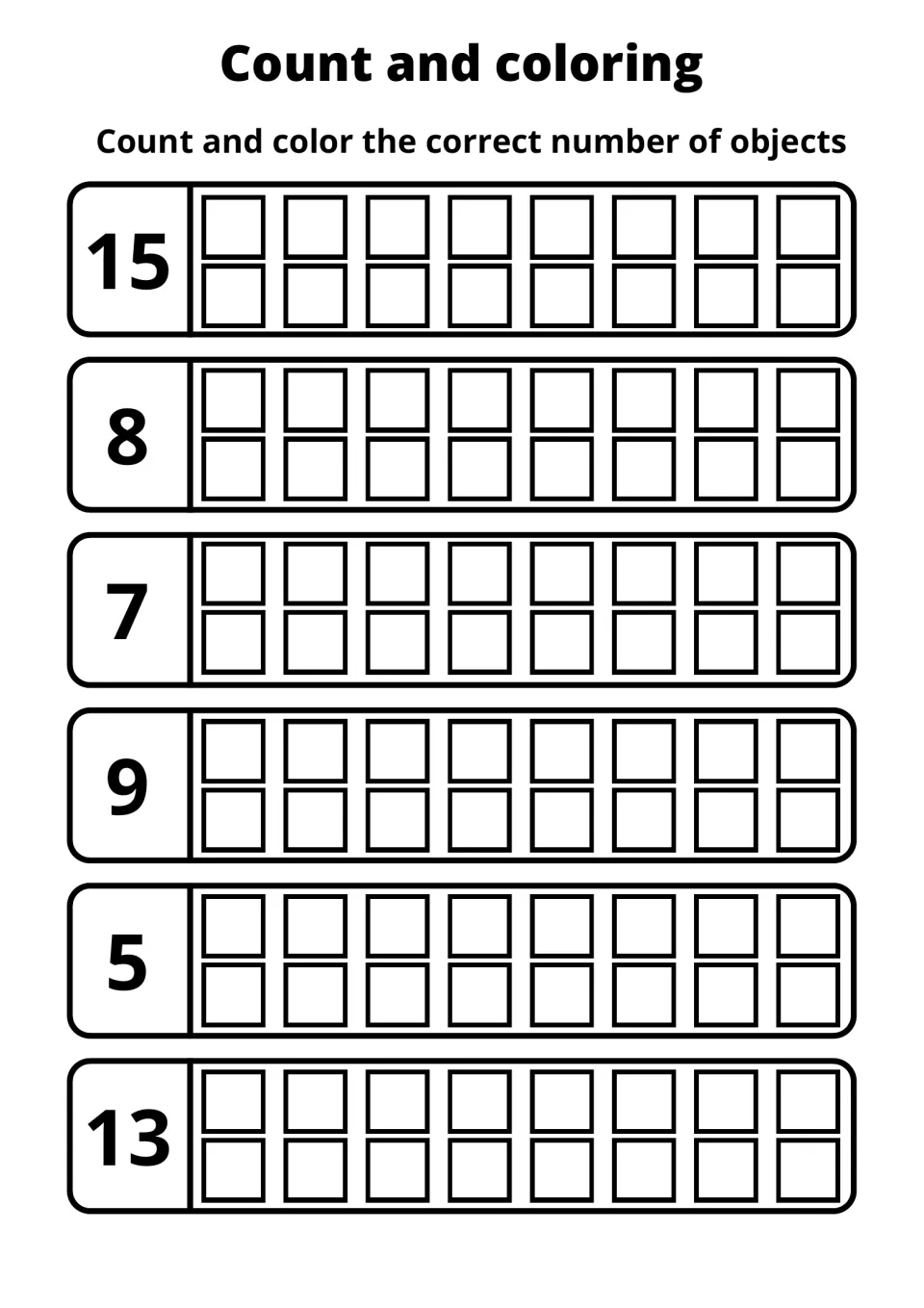 Matching numerals to quantities: students shade 15, 8, 7, 9, 5 and 13 squares in six 16-square frames to show each number