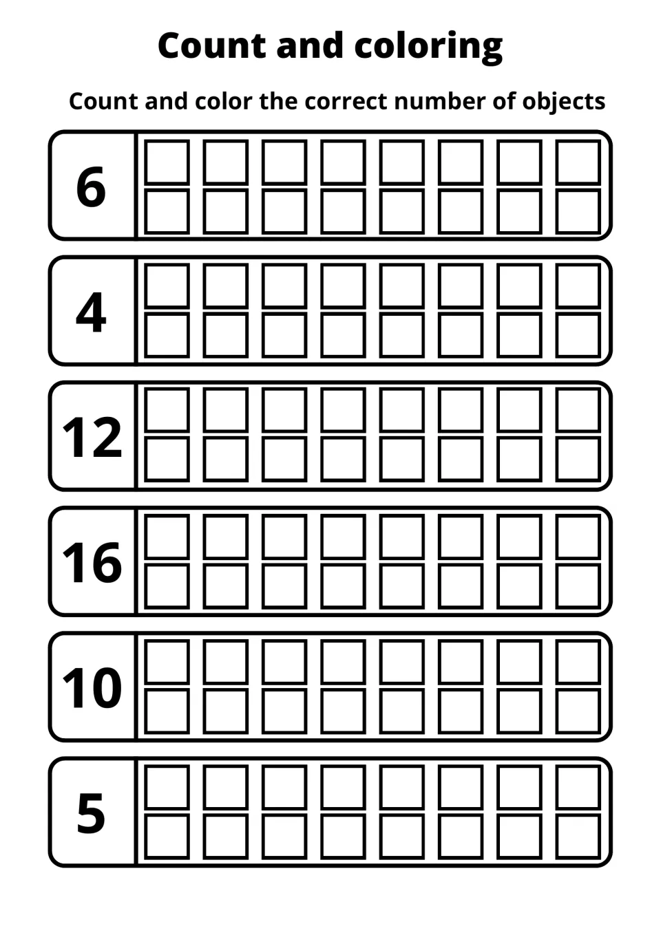 Count and color numbers 4 to 16: students fill 6, 4, 12, 16, 10 and 5 squares in six rows of 16 to represent each numeral