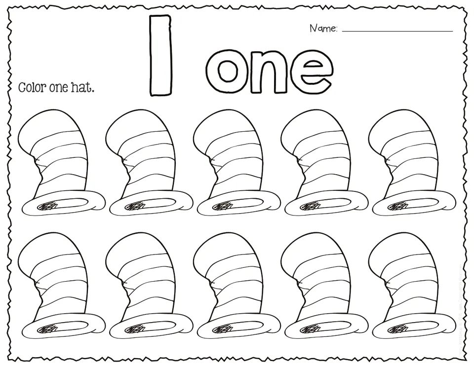 Number 1 and the word one in bubble letters: students colour just one of ten striped hats to practise counting to 1