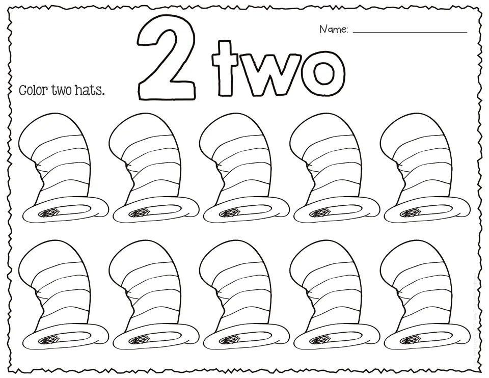 Number 2 and the word two in bubble letters: students colour two of ten striped hats to match the numeral to a set