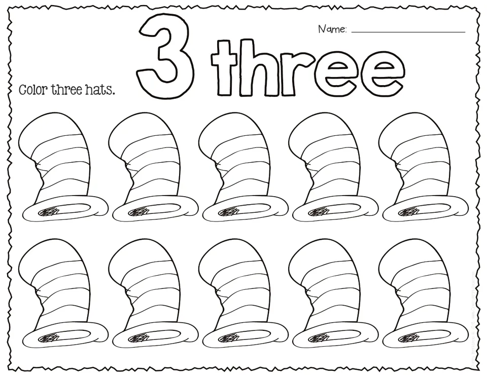 Number 3 and the word three in outline letters: students colour three of ten striped hats, counting each one aloud