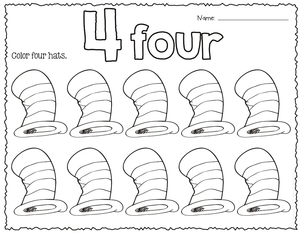 Number 4 and the word four in outline letters: students count and colour four of ten striped hats to show quantity 4