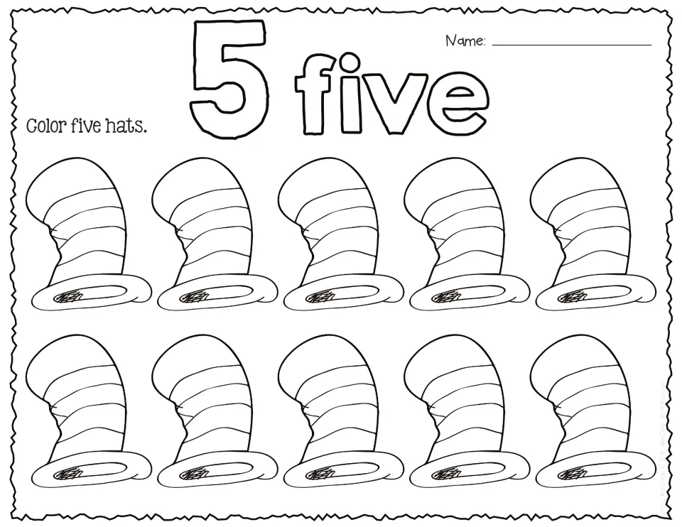 Number 5 and the word five in bubble letters: students colour five striped hats out of ten to practise counting to 5