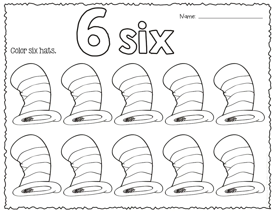 Number 6 and the word six in bubble letters: students count six of ten striped hats and colour them to build number sense