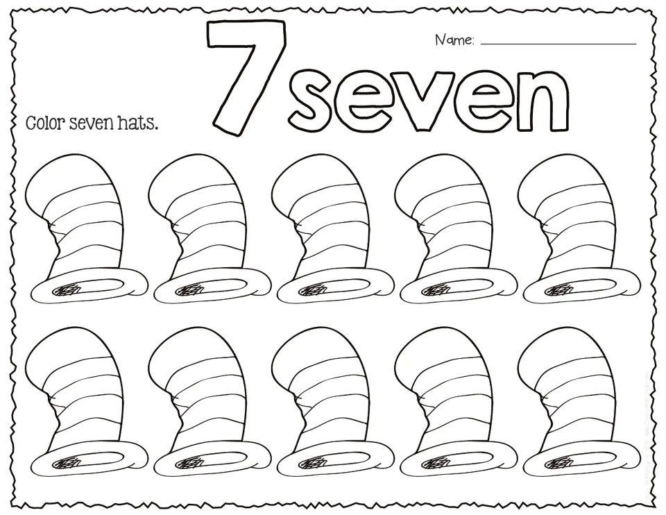 Number 7 and the word seven in outline letters: students colour seven of ten striped hats, leaving three uncolored
