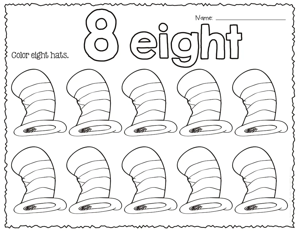 Number 8 and the word eight in outline letters: students colour eight of ten striped hats, leaving two left blank