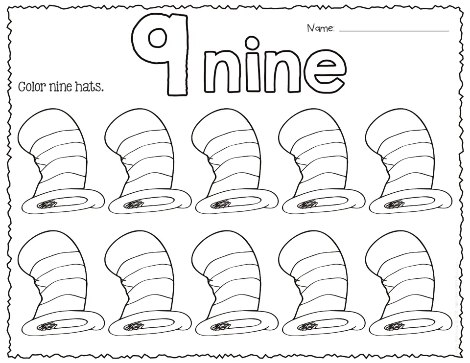 Number 9 and the word nine in bubble letters: students colour nine of ten striped hats so only one stays uncolored