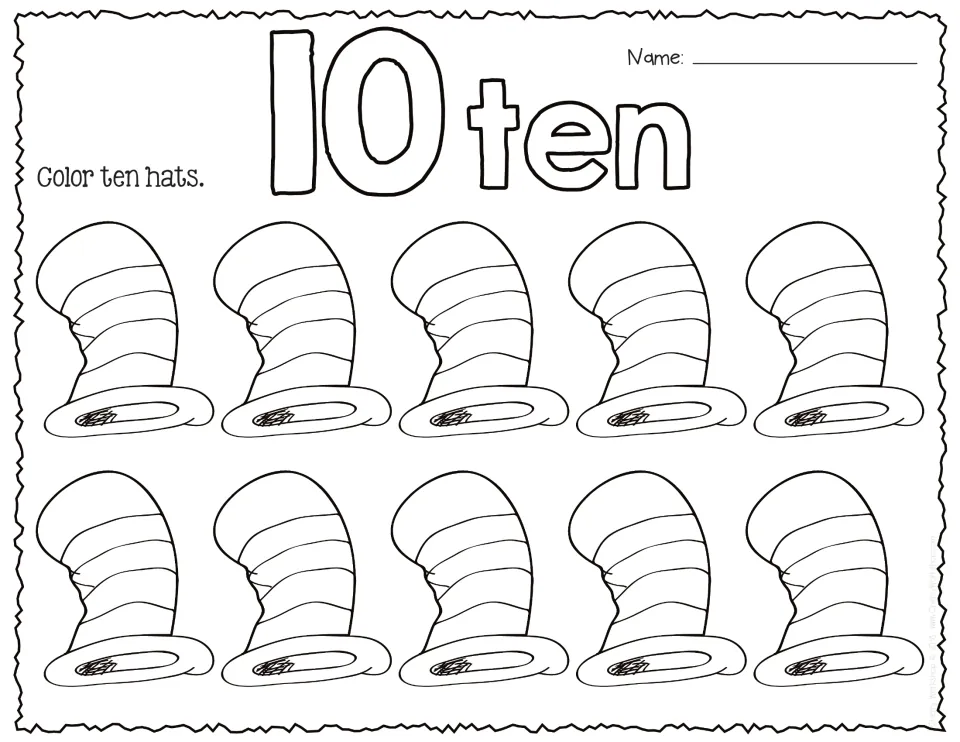 Number 10 and the word ten in bubble letters: students colour all ten striped hats to show the quantity 10