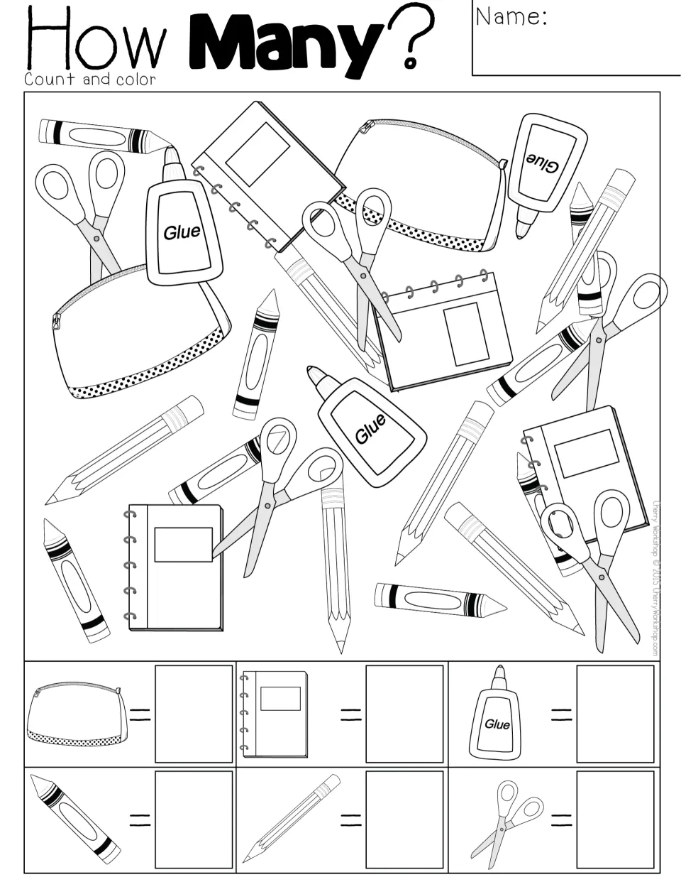 How Many? school supplies count: students count and color pencil cases, notebooks, glue, crayons, pencils and scissors