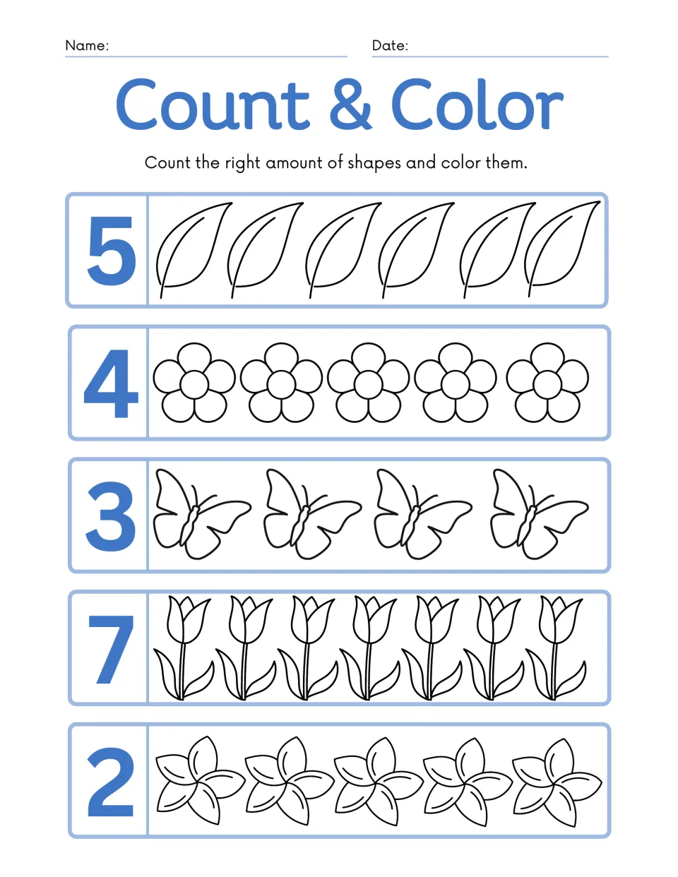 Count & Color: students color 5 leaves, 4 flowers, 3 butterflies, 7 tulips and 2 blossoms to match each row's numeral