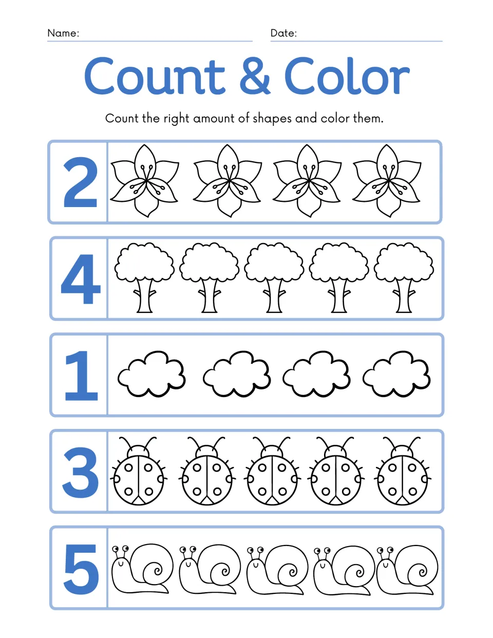 Count & Color: students color 2 lilies, 4 trees, 1 cloud, 3 ladybugs and 5 snails, matching each numeral to a quantity