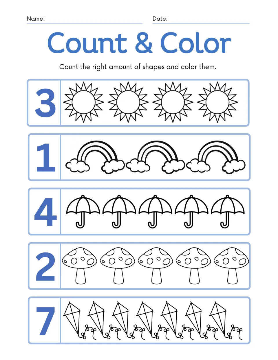 Count & Color: students color 3 suns, 1 rainbow, 4 umbrellas, 2 mushrooms and 7 kites to match the number in each row