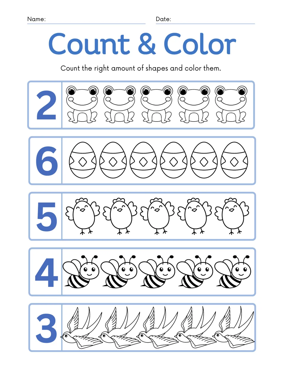Count & Color: students color 2 frogs, 6 Easter eggs, 5 chicks, 4 bees and 3 swallows, counting out each set