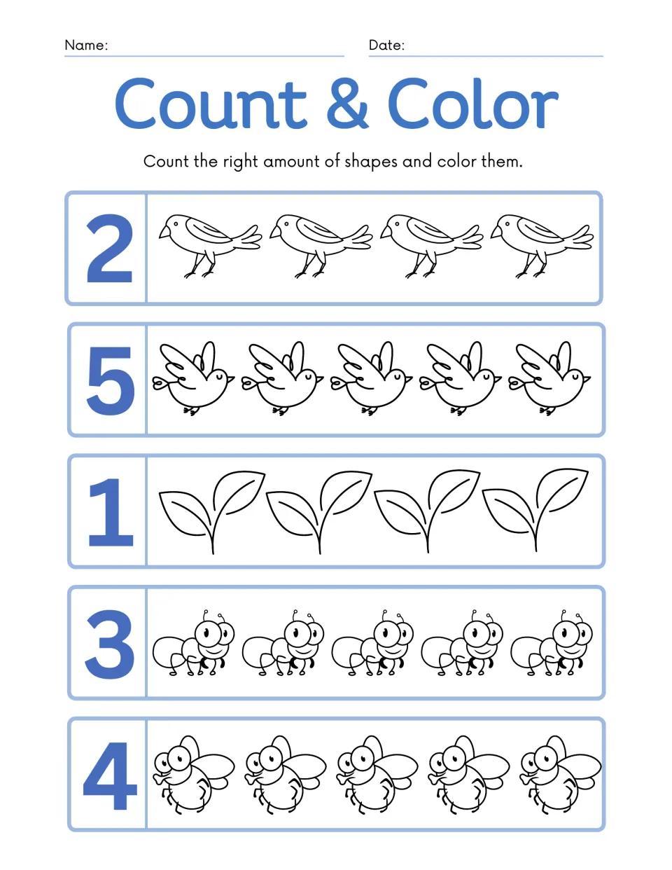 Count & Color: students color 2 birds, 5 doves, 1 sprout, 3 ants and 4 flies, stopping at the numeral shown in each row