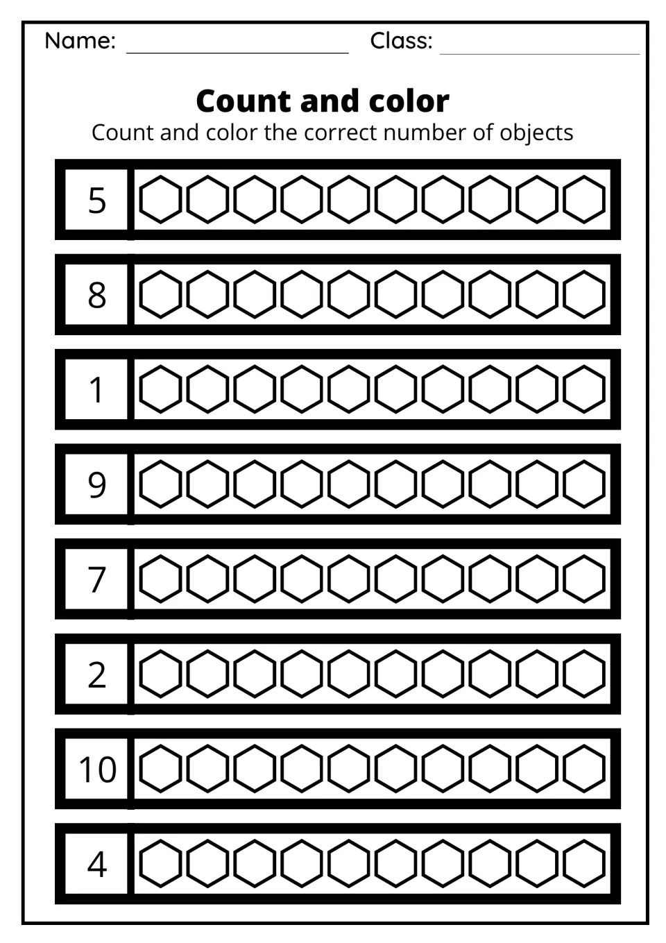 Count and color: students shade the hexagons in each set of ten to match the numbers 5, 8, 1, 9, 7, 2, 10 and 4