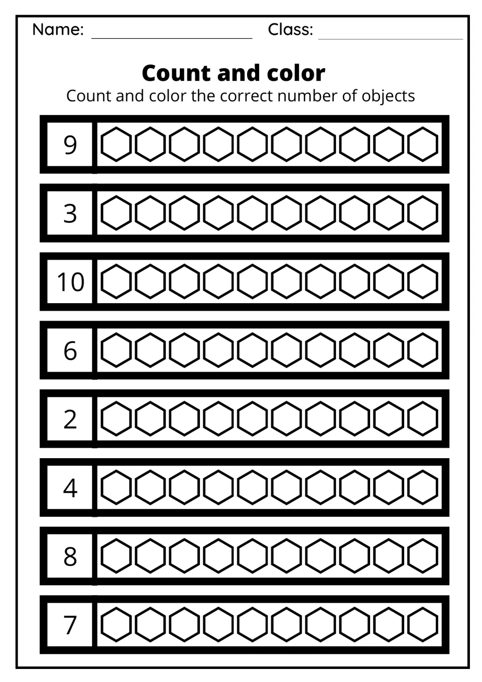 Count and color: students shade the hexagons in each set of ten to match the numbers 9, 3, 10, 6, 2, 4, 8 and 7