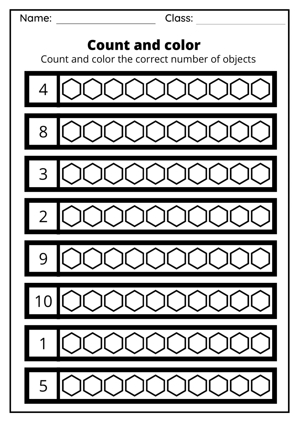 Count and color: students shade the hexagons in each set of ten to match the numbers 4, 8, 3, 2, 9, 10, 1 and 5