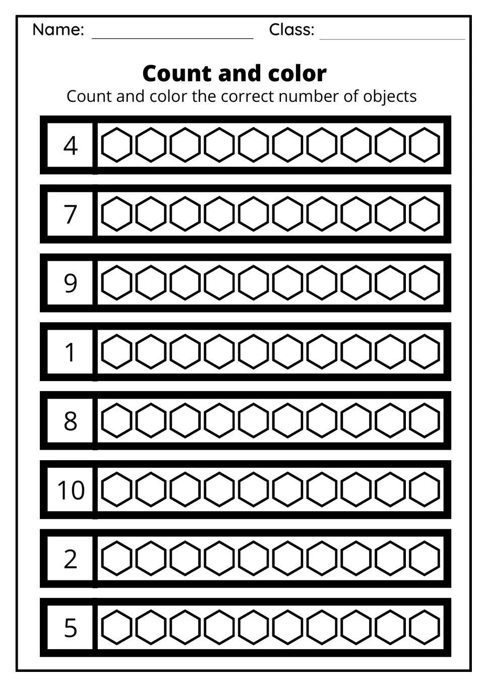Count and color: students shade the hexagons in each set of ten to match the numbers 4, 7, 9, 1, 8, 10, 2 and 5